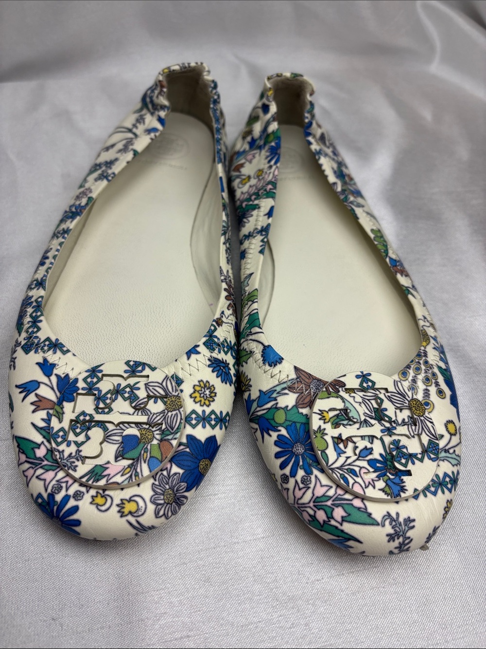 Tory Burch White Floral Logo Ballet Flats with Blue & Green Accents